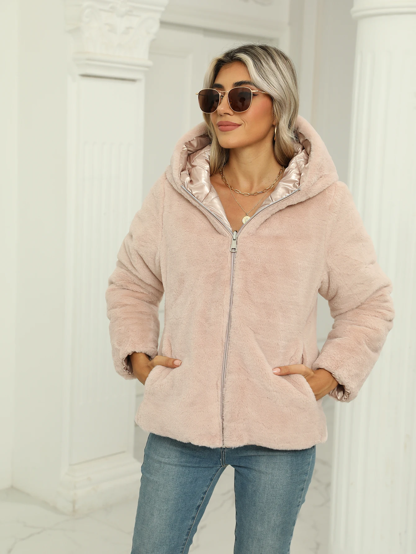 Cappotto casual da donna alla moda invernale con cappello e giacca in cotone double face, comodo per i pendolari e l'uso quotidiano, adatto