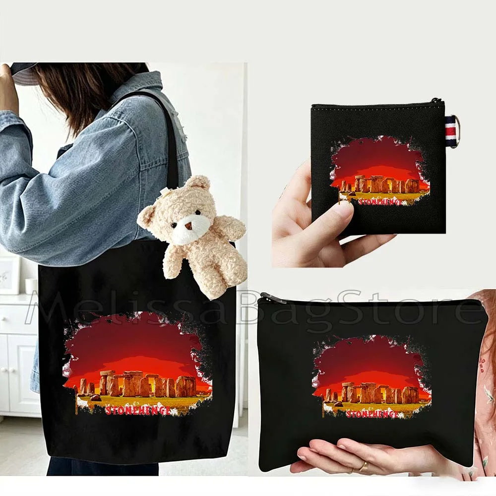 4PCS Gifts Set Stonehenge White Canvas Tote Bag Handbag with Doll Key Coin Purse Cosmetic Makeup Toilet Bag Case Pouch