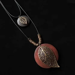 Wooden Collar Decoration Vintage Leather Lanyard Female Jewelry Clothing Pendant Sweater Chain Sweater Necklace Necklace
