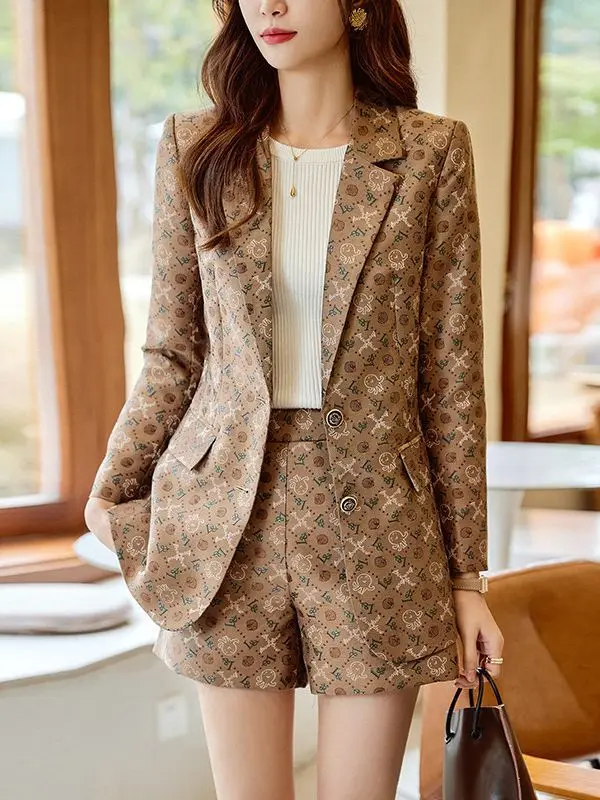 Tesco Vrouwen Korte Broek Sets 2 Delige Elegante Blazer Pak Chique Print Vrouwelijke Outfits Voor Zakelijke 2024 Lente Nieuwe Ropa De Mujer