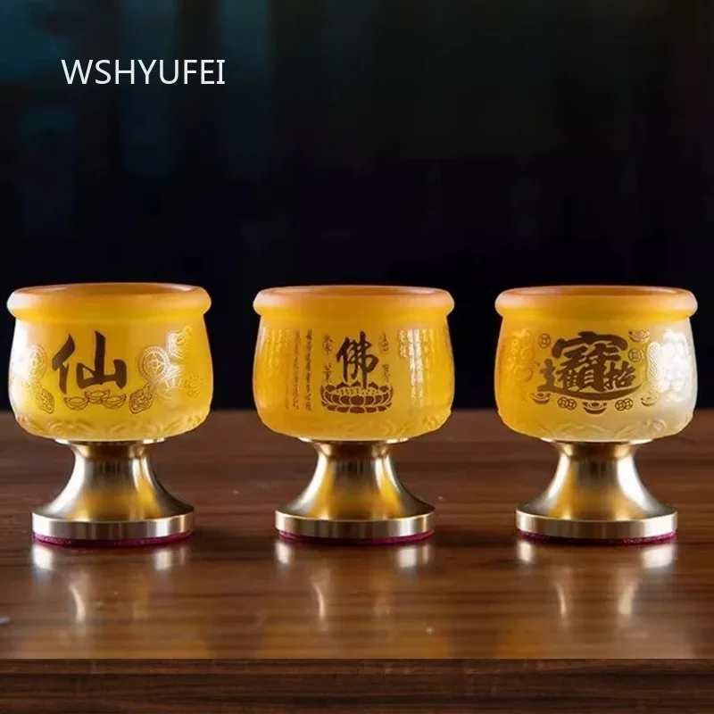 Yellow Translucent Altar Offering Cup with Gold Metal Base Carved Buddhist Taoist Character for Home Temple Water and Incense
