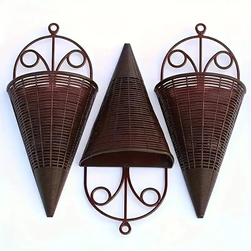 New·Brown Wall Hanging Cone Planters Imitation Rattan Weave Vintage Design For Indoor Outdoor Floral Decor·