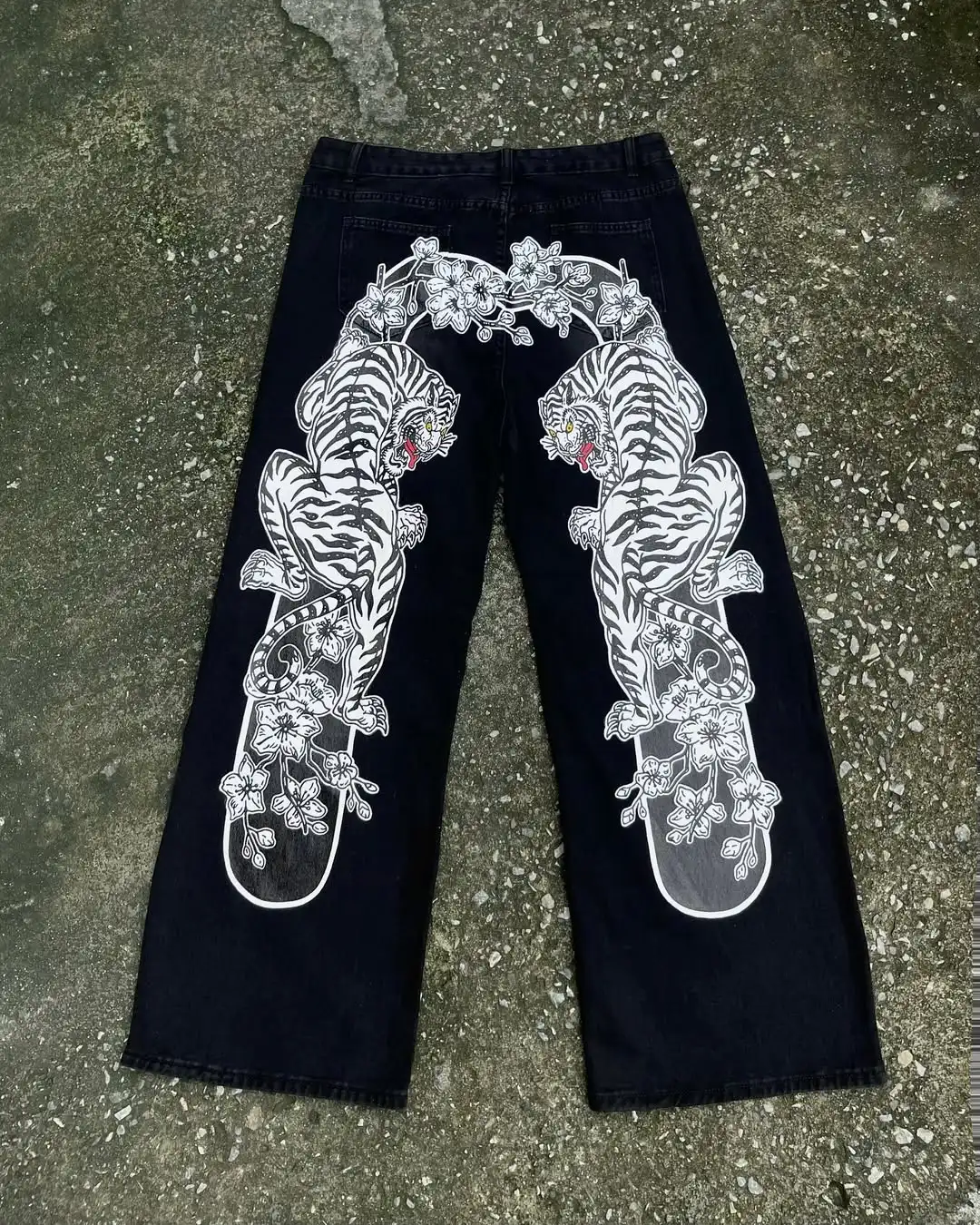 아메리칸 스타일 Y2K 쿨 화이트 타이거 프린트 루즈 청바지 인기 힙합 하라주쿠 남성과 여성 캐주얼 데님 바지 streetwear