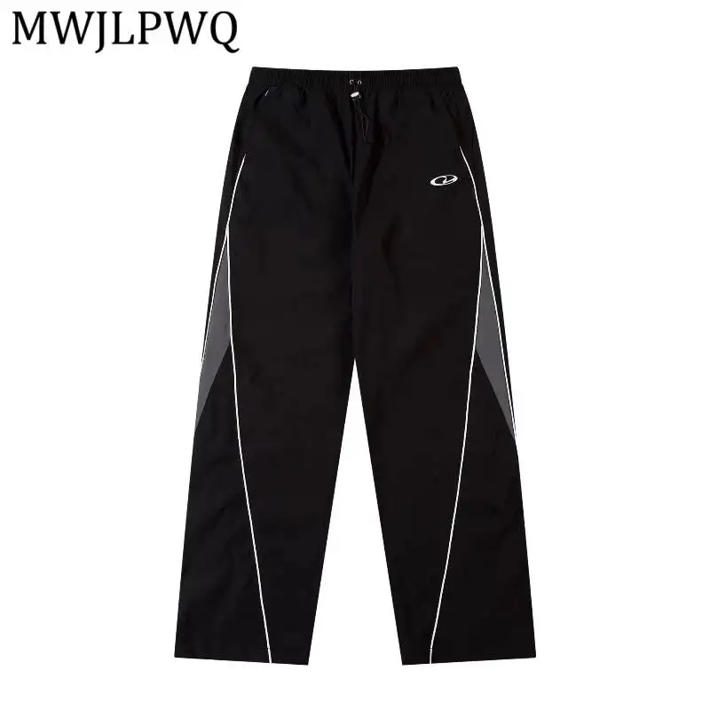 MWJLPWQ Drawstring Wide Leg Track Pants Contrast Side Stripe Patch Print Lightweight Fabric Unisex Sport Street Trousers 17188