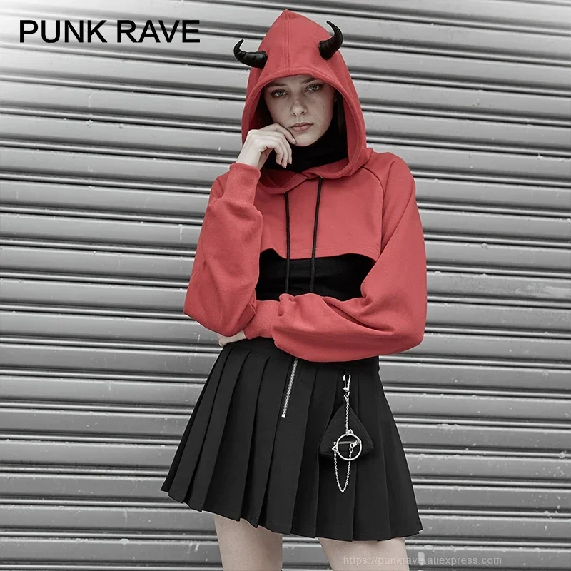 

PUNK RAVE Women's Gothic Daily Hat Rope Loose Short Hoodies Innovative Personality Raglan Sleeve Casual Girl Tops Sweatshirt