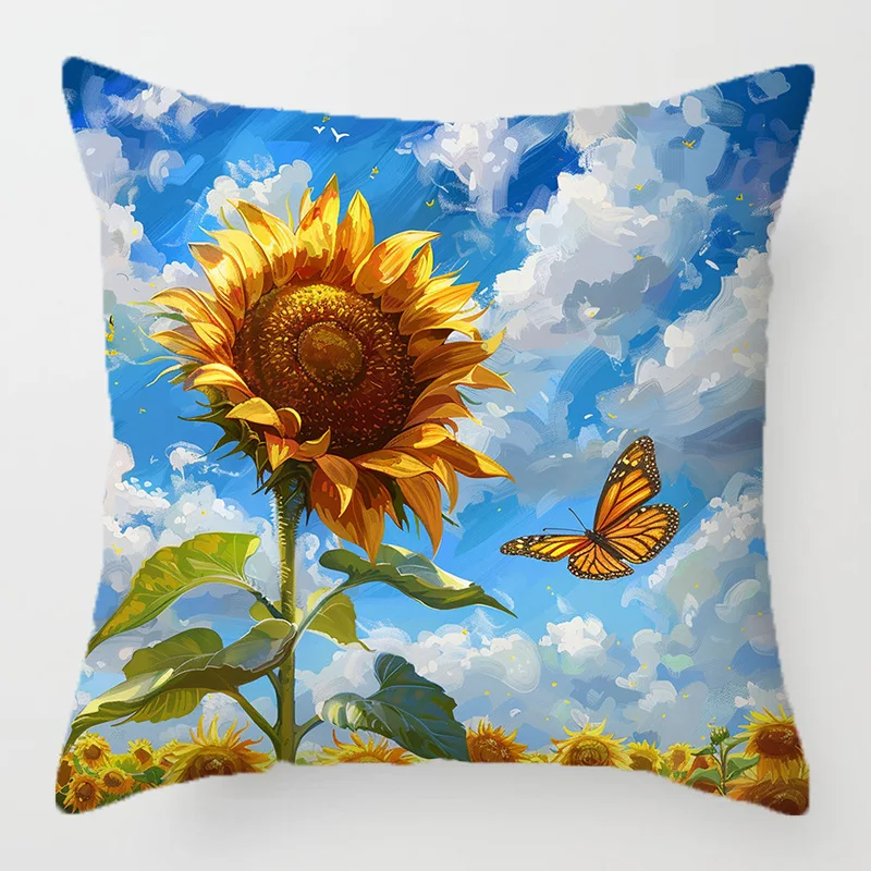 ปลอกหมอนอิงลายดอกทานตะวันสีน้ำ พิมพ์ลายขนสั้น สำหรับตกแต่งโซฟาห้องนั่งเล่น