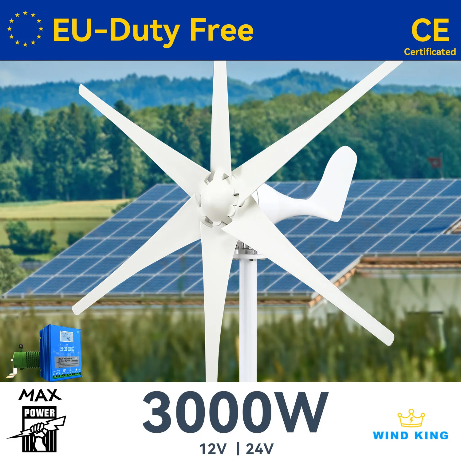 

WindKing 3000w 48v 12v 24v Wind Turbine 3kw Windmills With MPPT Hybrid Charge Controller System For Home Use 6 Blades Horizontal