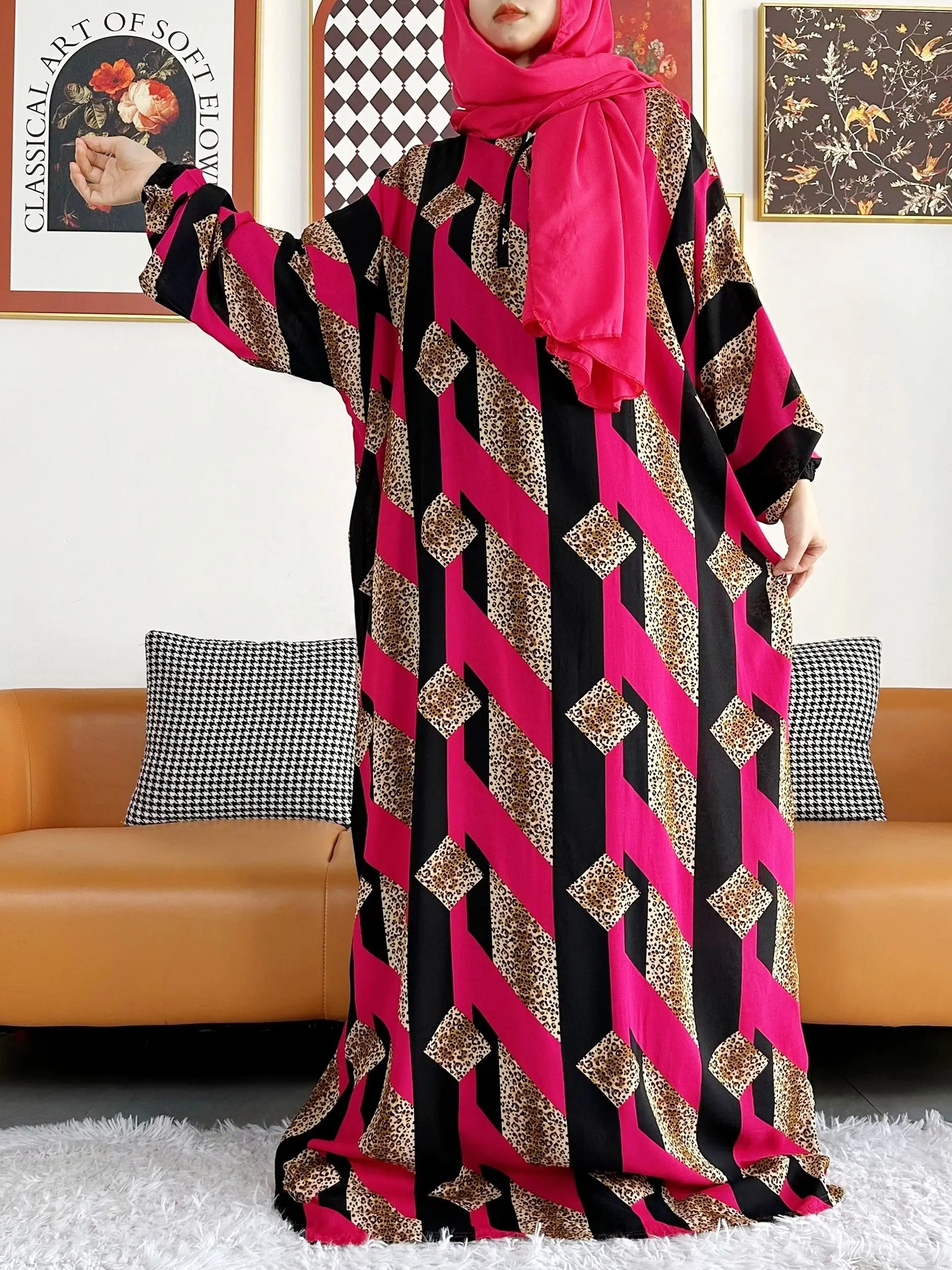 2024 Printed Cotton Abayas for Women Ramadan Prayer Garment Dubai Turkey Middle East Femme Robe Loose Dress Turban Joint