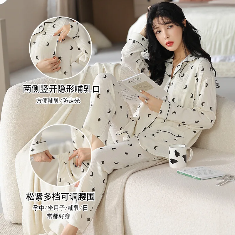 

Plus Size Maternity Women Pajamas Set Pure Cotton Breastfeeding Sleepwear Print Home Clothes Adjustable Waist Nursing Loungewear