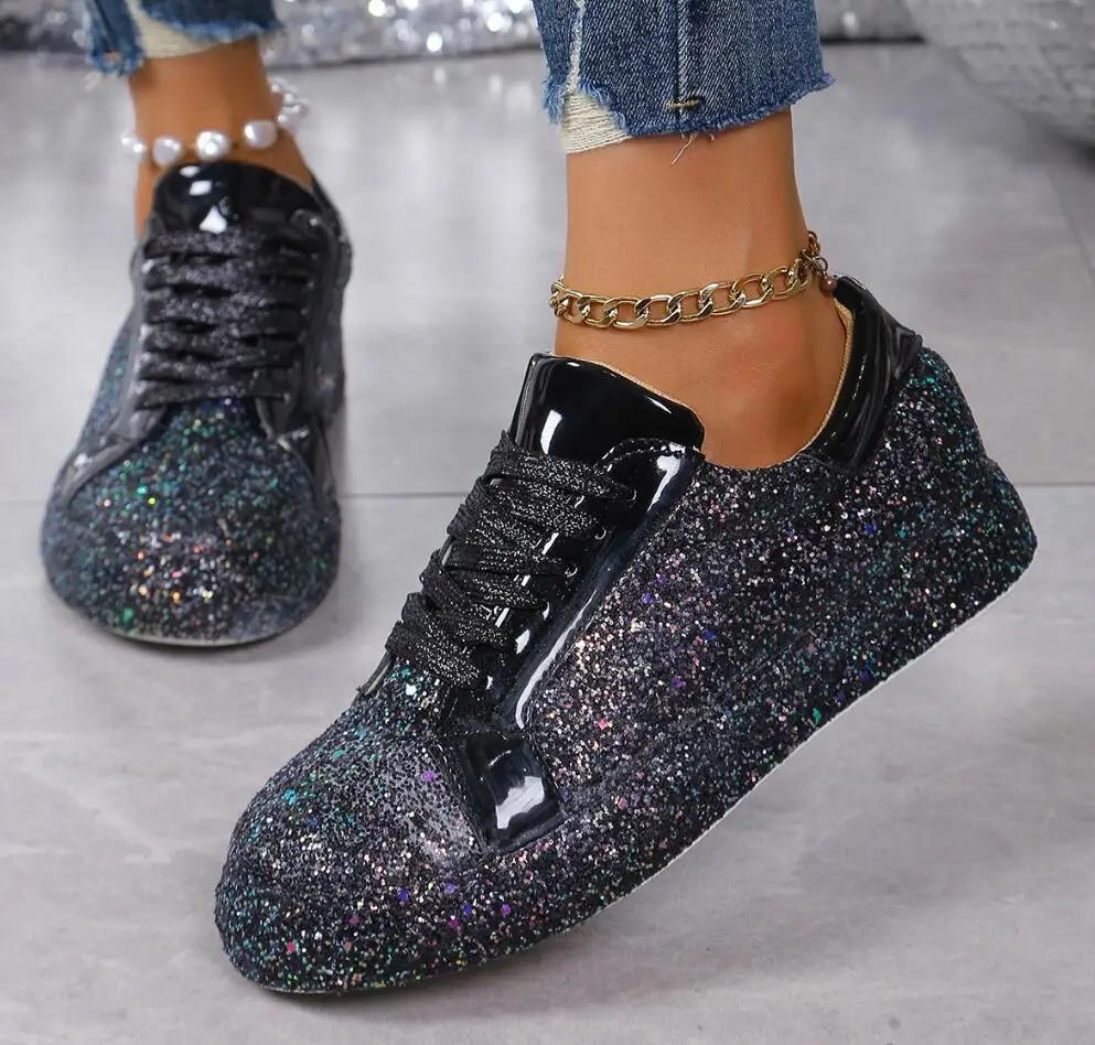 Women\'s Sequin Sneakers Fashion Breathable Flat Woman Soft Sole Walking Vulcanized Shoes Women Casual Sneaker Zapatos De Mujer