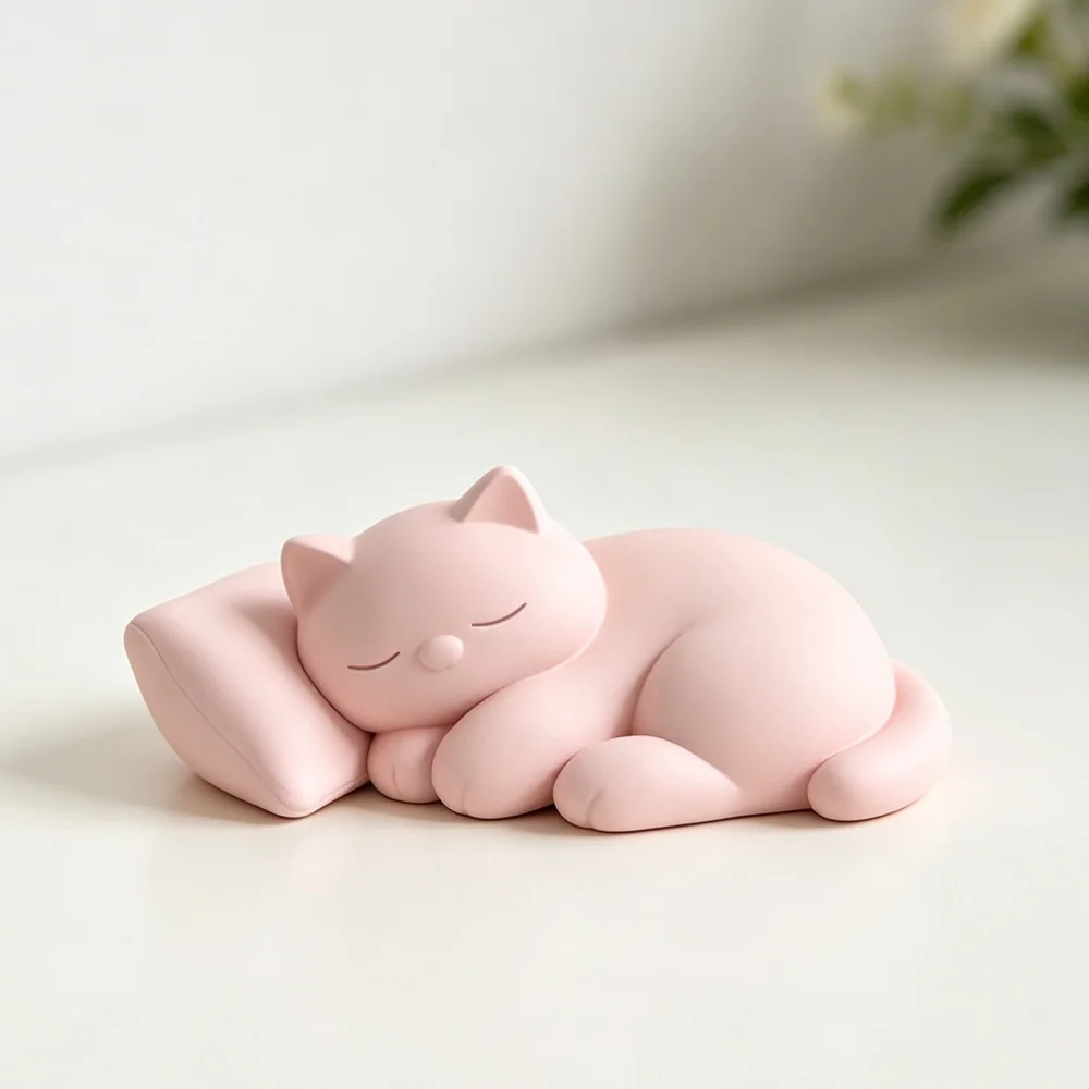3D print sweet sleeping kitty statue for bedside table bookshelf arrangement modern interior design apartment deco