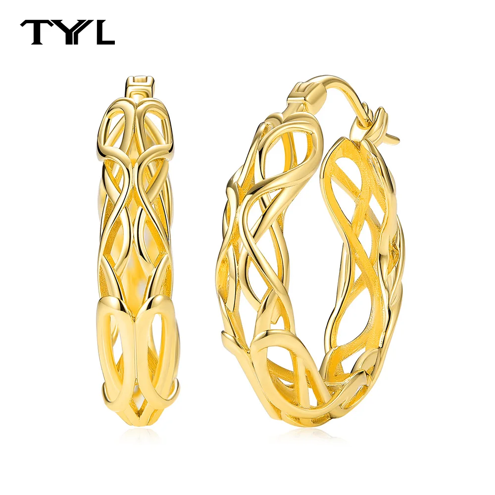 

TYYL Hollow Out Hoop Earrings 18k Gold Plated Solid 925 Silver Ear Circle Stud Threader Piercing Needle Earring Wedding Jewelry