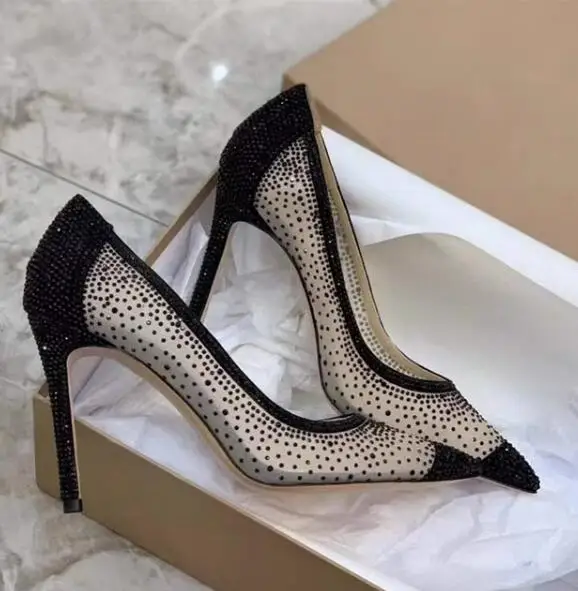 

Gold Black Rhinestone Mesh Patchwork Pumps Pointed Toe Woman High Heels Slip On Wedding Banquet Shoes