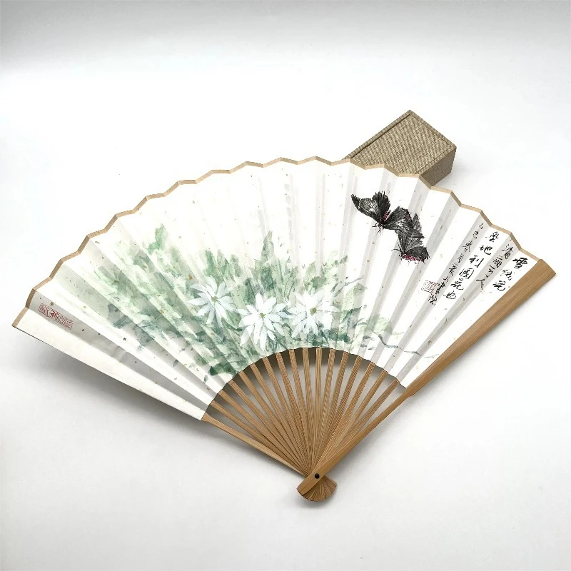 

Hand painted bamboo fan green bamboo rice paper folding wood carving process carving process