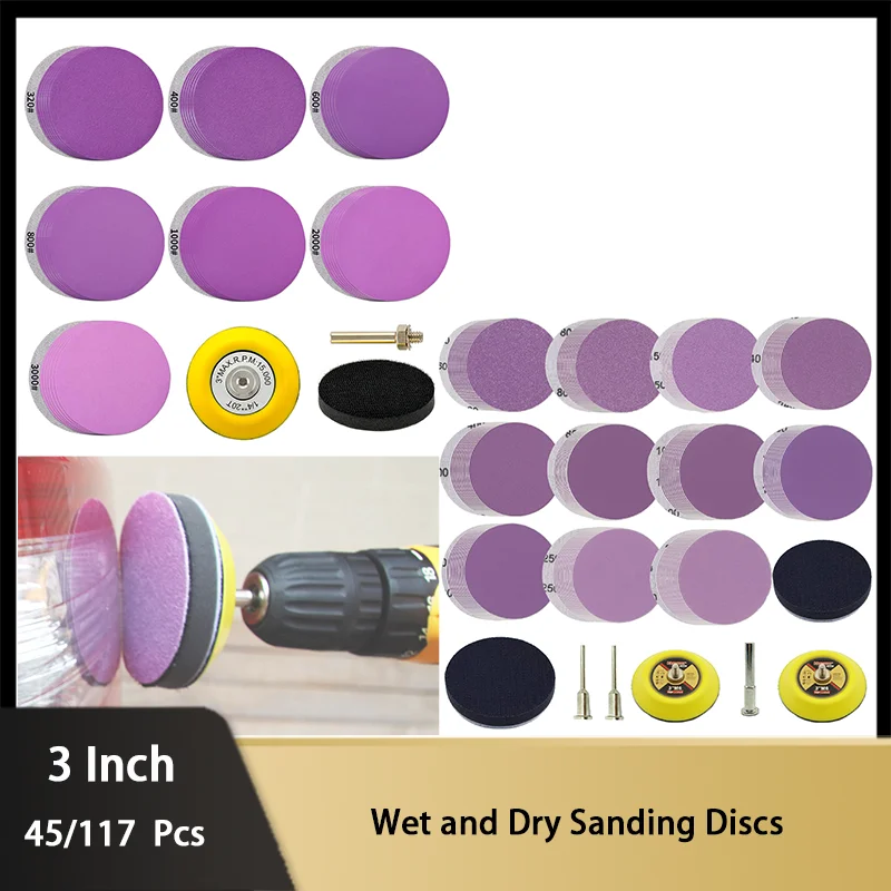

45/117Pcs Sandpaper 3 Inch 75MM Sanding Discs Pad Wet and Dry with Soft Foam Buffering Pads for Drill Grinder Rotary Tools