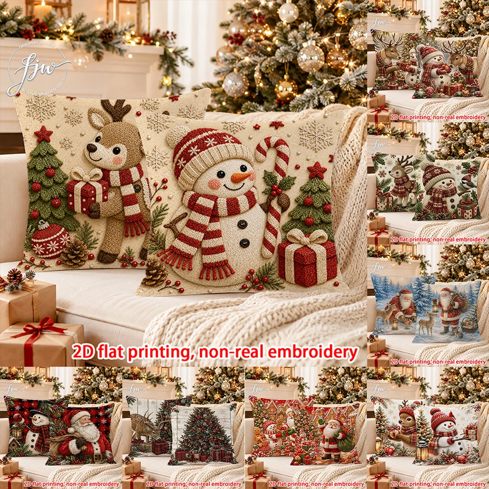 2pcs Christmas Throw Pillow Covers Vintage Snowman Reindeer Santa Xmas Decorative Cushion Cases for Home Sofa Couch