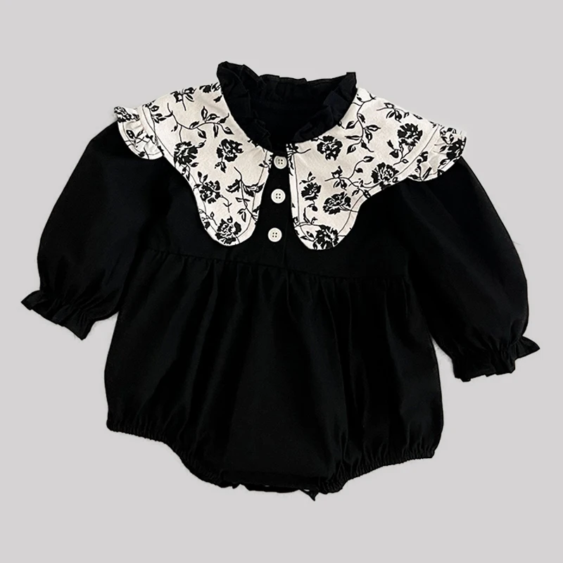 2026 جديد 0-24 متر ربيع الرضع الرجعية ارتداءها الوليد رومبير التطريز طوق رومبير القطن طويل الأكمام طفلة بذلة