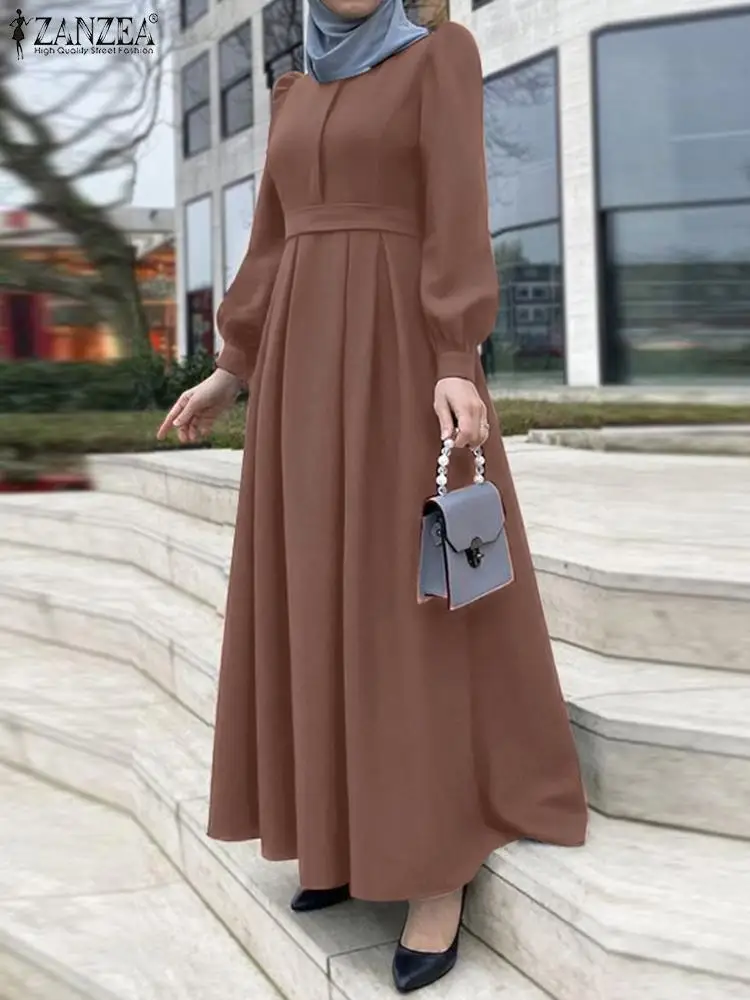 

Muslim Casual Abayas Oversized Hijab Sundress ZANZEA Elegant Long Puff Sleeve Dress Women Belted Dresses Caftan Islamic Clothing