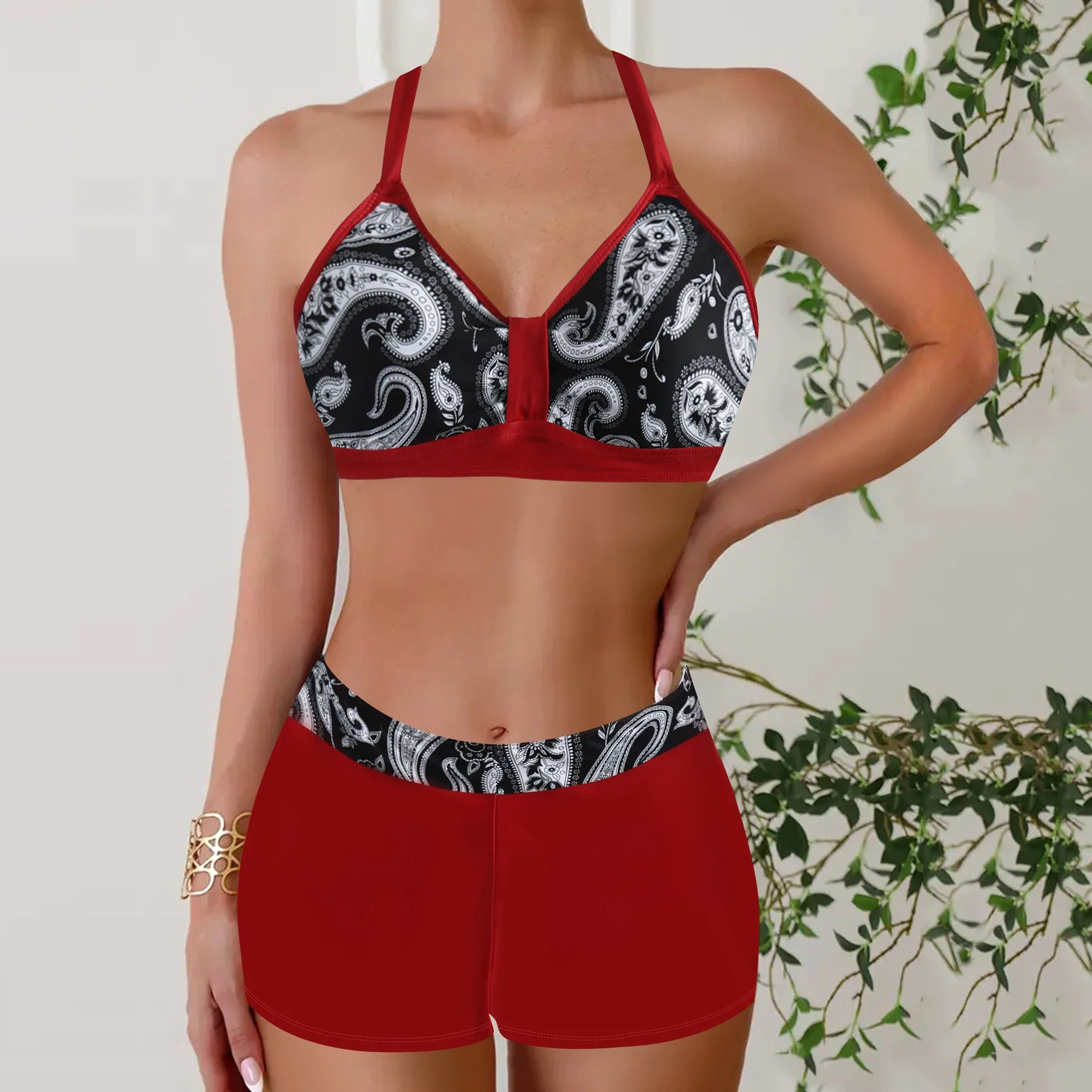 Women's Summer Vacation Tankini Set - High Stretch Crew Neck Swimsuit with Random Print, Knit Fabric 2 Piece Tropical Bikini