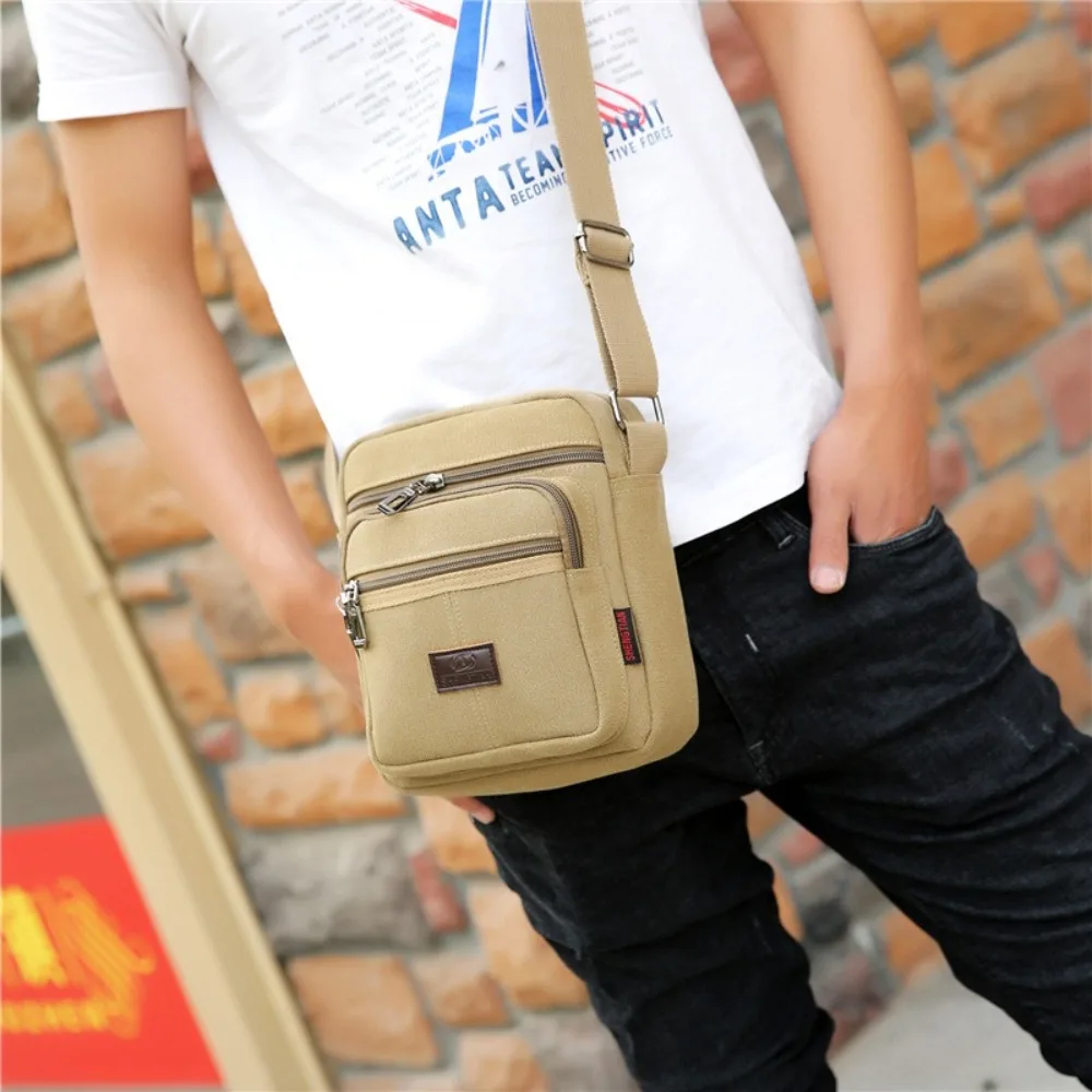 

Retro Canvas Men's Shoulder Bag Solid Color Large Capacity Crossbody Bag Multi Layer Zipper Business Cash Bag