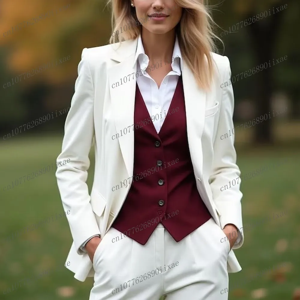 

New White And Burgundy Women Suits Lady Business Office Tuxedos Mother Wedding Party Formal Ladies 3 Piece Set Jacket Vest Pants