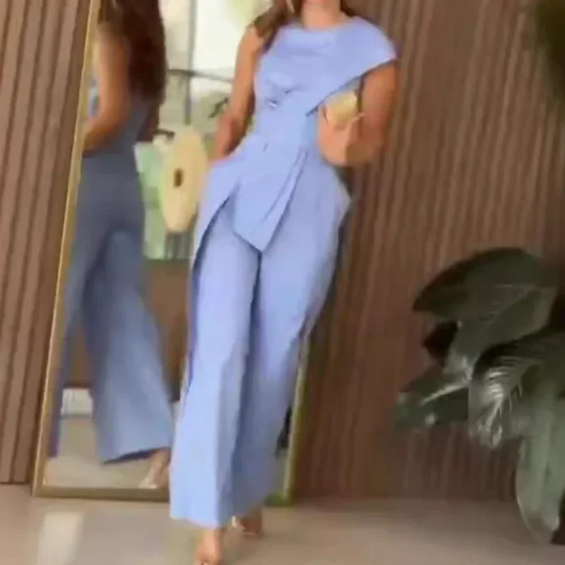 Jumpsuits Dames Eendelig Blauw Onregelmatigheid Elegante werkbroek Mouwloze overalls Wijde pijpen Lange broek Rompertjes Slim Fit Casual