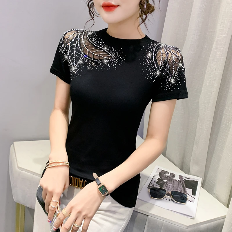 Cseta de Manga Corta con Cuello Redondo y Ajuste Entallado para Mujer, Diseño Hueco con Encaje y Adornos de Diamantes, Nov...