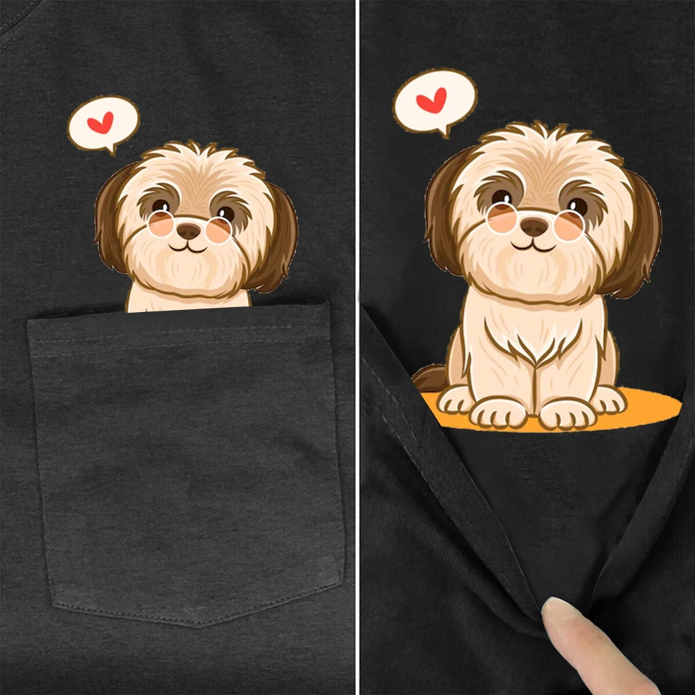 CLOOCL Black Cotton T-shirts Fashion Brand Shih Tzu Art Printed Pocket Tops Hip Hop Tees Short Sleeve Woman Tshirts