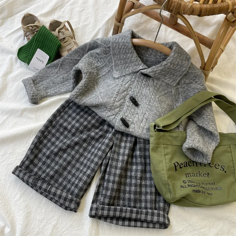 2024 Autumn New Boys\' woolen plaid straight Trousers Girls\' pants Children\'s Clothing soft loose casual pants