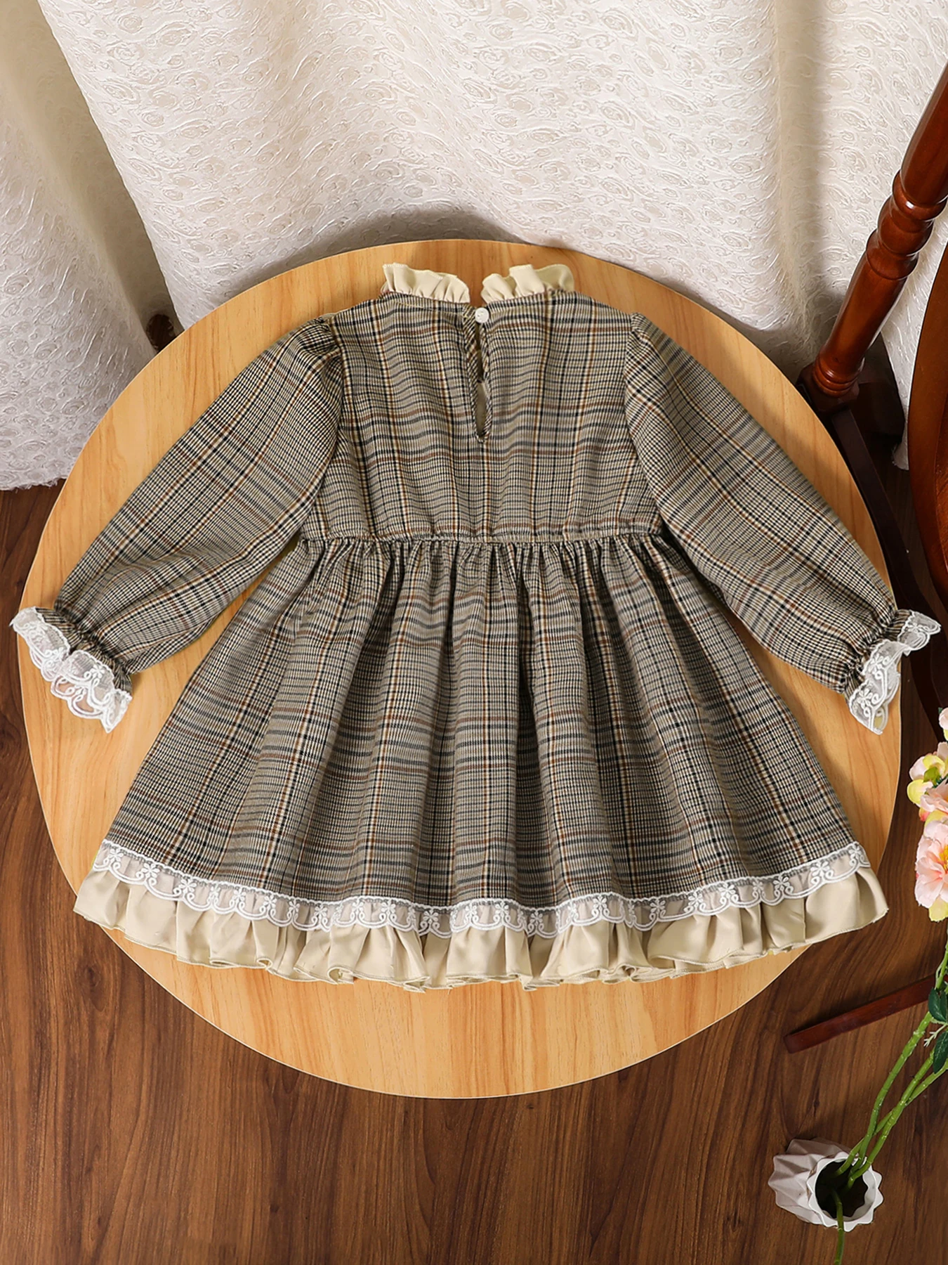 Spring Autumn Plaid Casual Dress for Girls with Long Sleeves Lace Butterfly Knot Long Skirt Children's Clothing Toddler Girls