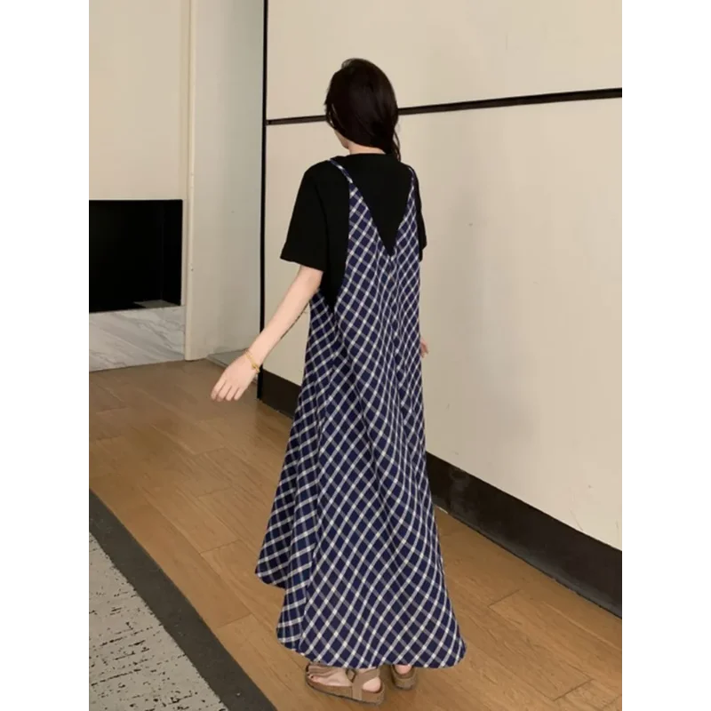 Women's New Loose Slimming Over-the-knee T-shirt Design Plaid Splicing Dress