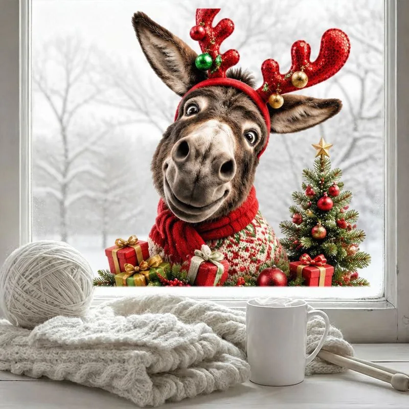 Funny Peeking Donkey Christmas Window Cling, Santa Hat Cartoon Mule, Removable Static Decal, Holiday Glass Decor