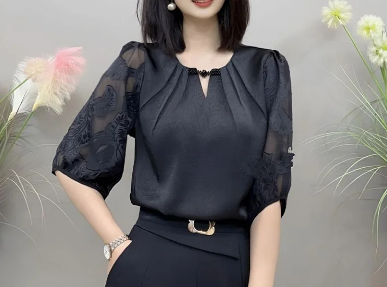 Elegant Korean Popular Clothes Chiffon Shirt Seven Sleeve Minimally Designed Commuter Jacquard O-Neck Women's Loose Shirt Top