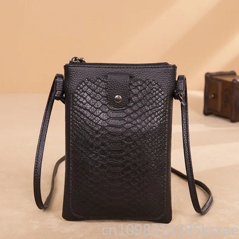Women's Snakeskin Embossed Genuine Leather Crossbody Bag Detachable Adjustable Strap Cell Phone Bag Summer Daily