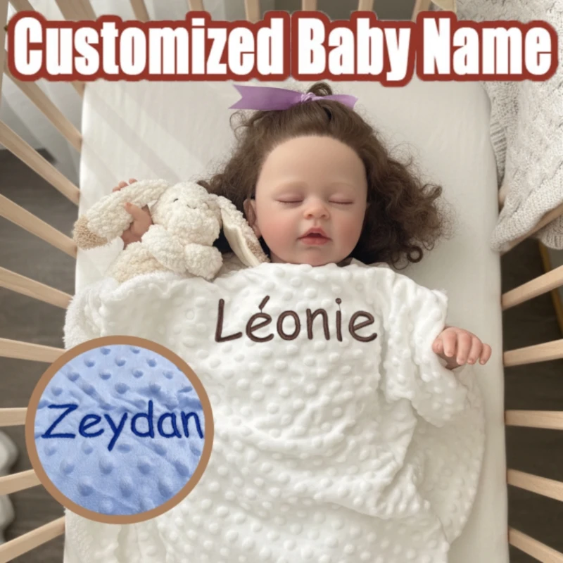 パーソナライズドウドウバニーセット　カスタム刺繍名入りミンキードットブランケット　出産祝い　0〜3歳