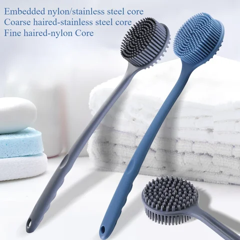 Spazzola da doccia con manico lungo in silicone morbido e pelliccia per il lavaggio della schiena del bagno: manico e setole aggiornati per una pulizia confortevole