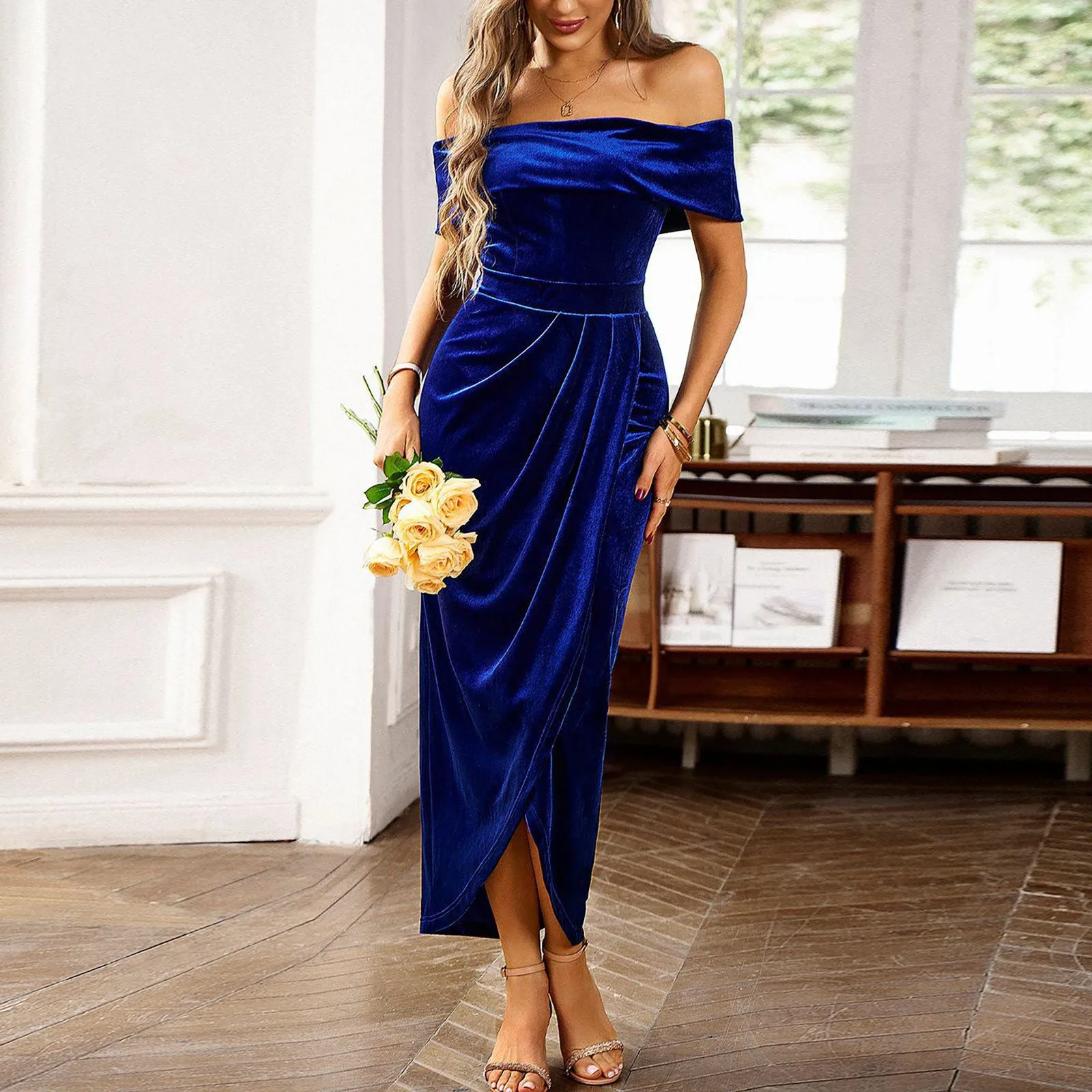 Robe de Soirée Longue en Velours, Tenue Élégante, Sexy, Décolletée, Couleur Unie, Taille Haute, Fendue, pour Femme