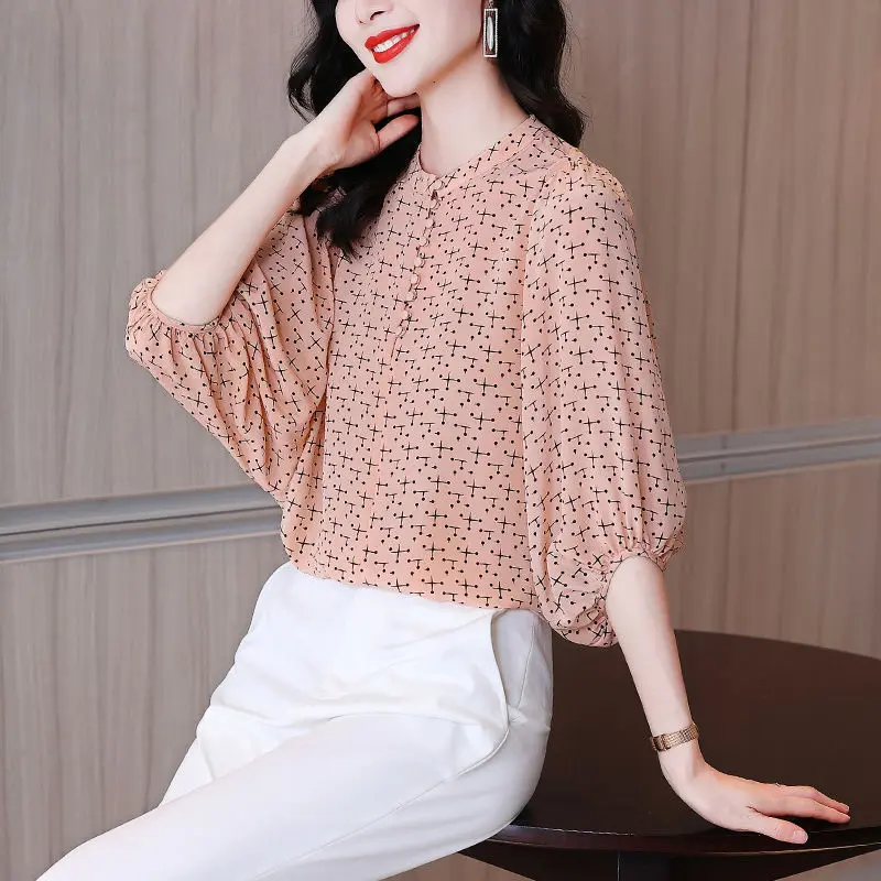 Office Lady Spring Summer Thin Stylish Printed Blouse Women\'s Clothing 3/4 Sleeve Casual Round Neck Button Loose Chiffon Shirt