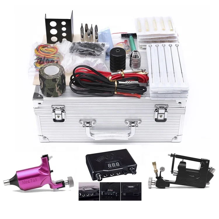 

Professional Good Quality Beginner Tattoo Kits Duall Machines Needles Grips Tips Full Tattoo Kits With Aluminum Alloy Box