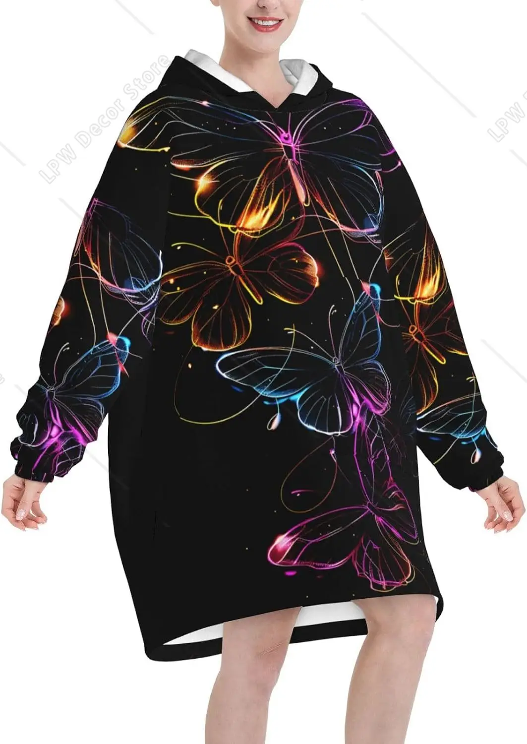 Black Glowing Neon Butterfly Print Hooded Wearable Blanket Adult Flannel Hooded Blanket Sweatshirt, Soft Warm With Pockets