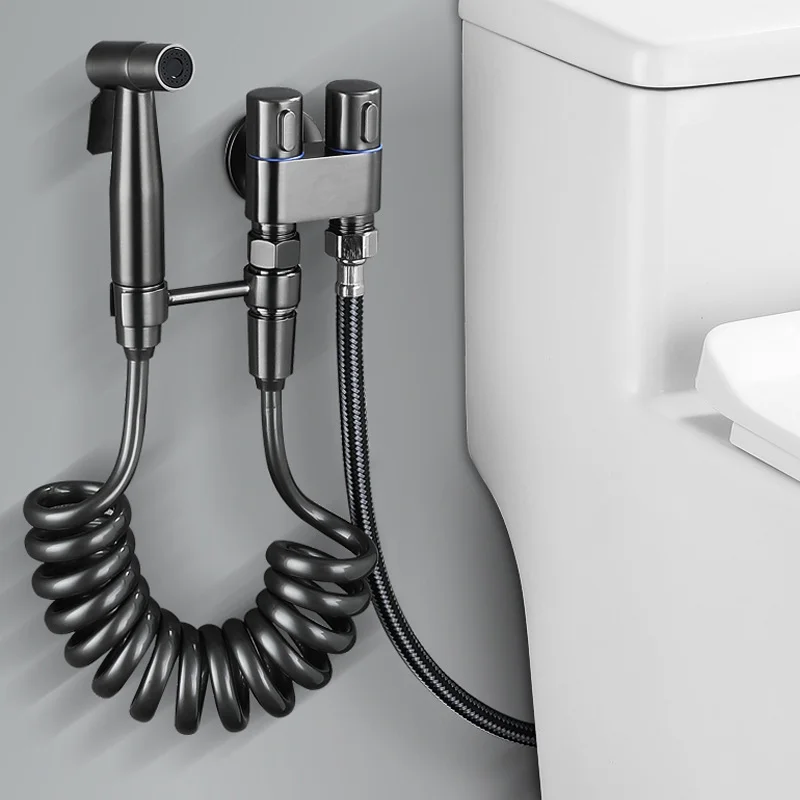 Stainless Steel Toilet Companion Spray Gun Set Home Use Bathroom Toilet Faucet with One in Two out Valve Water Pressure Boosting