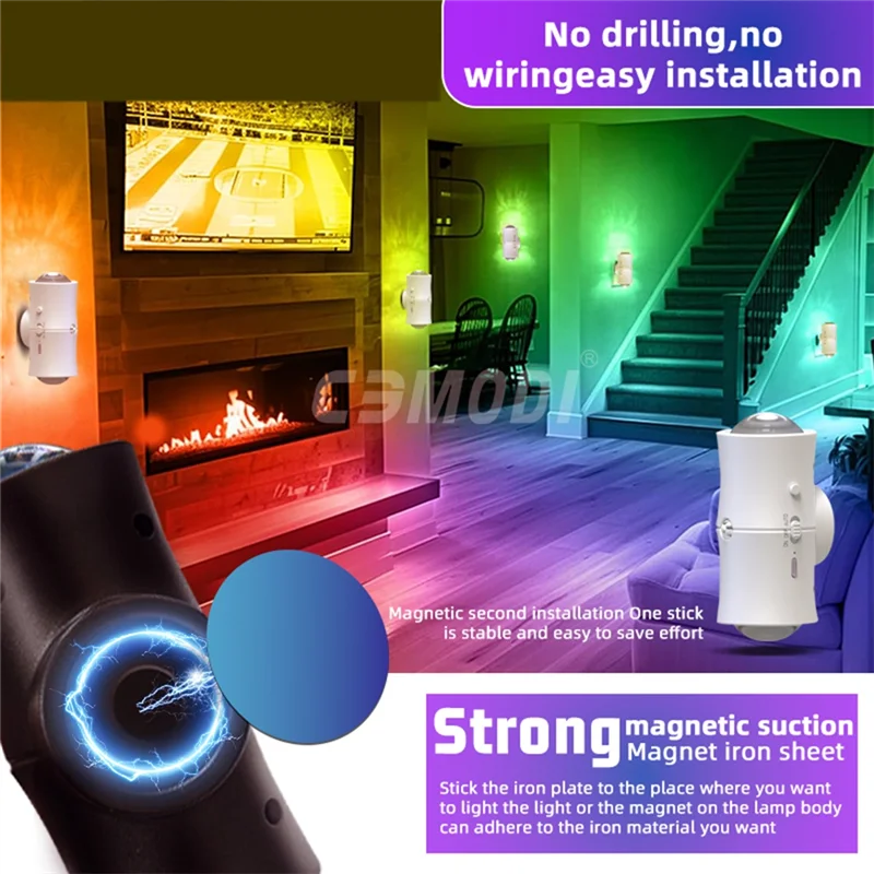 ABDJ-USB 충전식 RGB 듀얼 헤드 모션 센서 LED 벽 램프 침실 복도 계단 야간 조명용 7색 조명