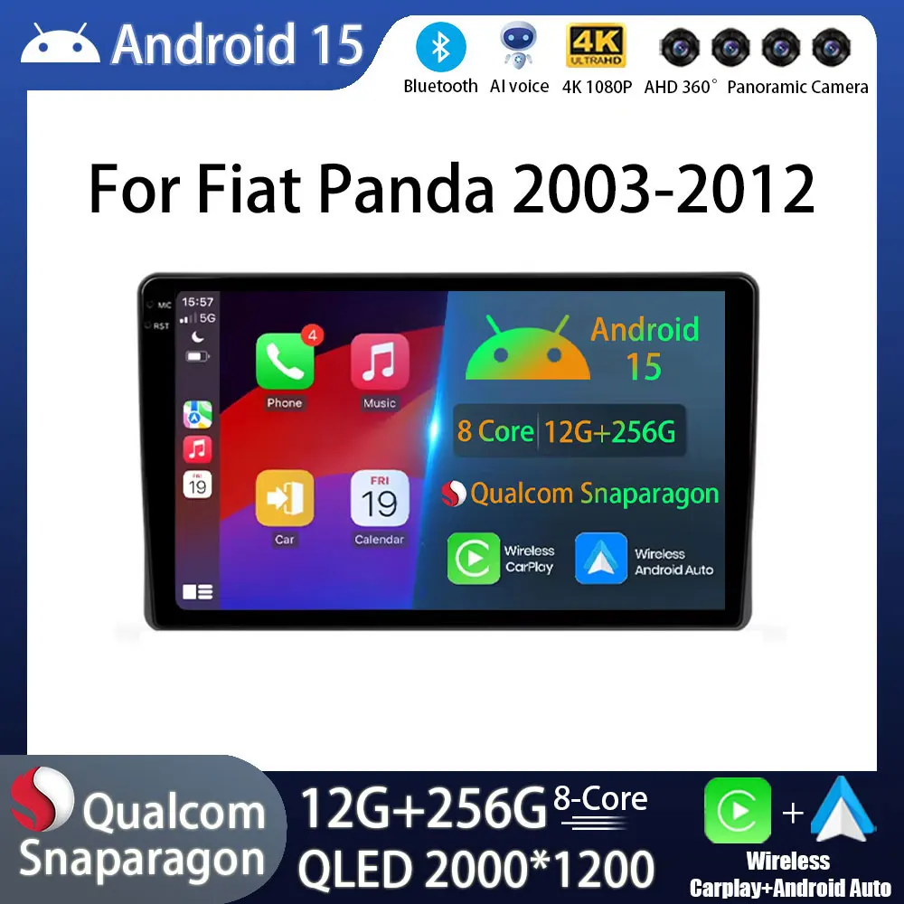 أندرويد 15 راديو السيارة لشركة فيات باندا 169 2003 - 2012 نافي رئيس وحدة QLED BT نظام تحديد المواقع مشغل وسائط متعددة DSP اللاسلكية Carplay السيارات فيديو #1