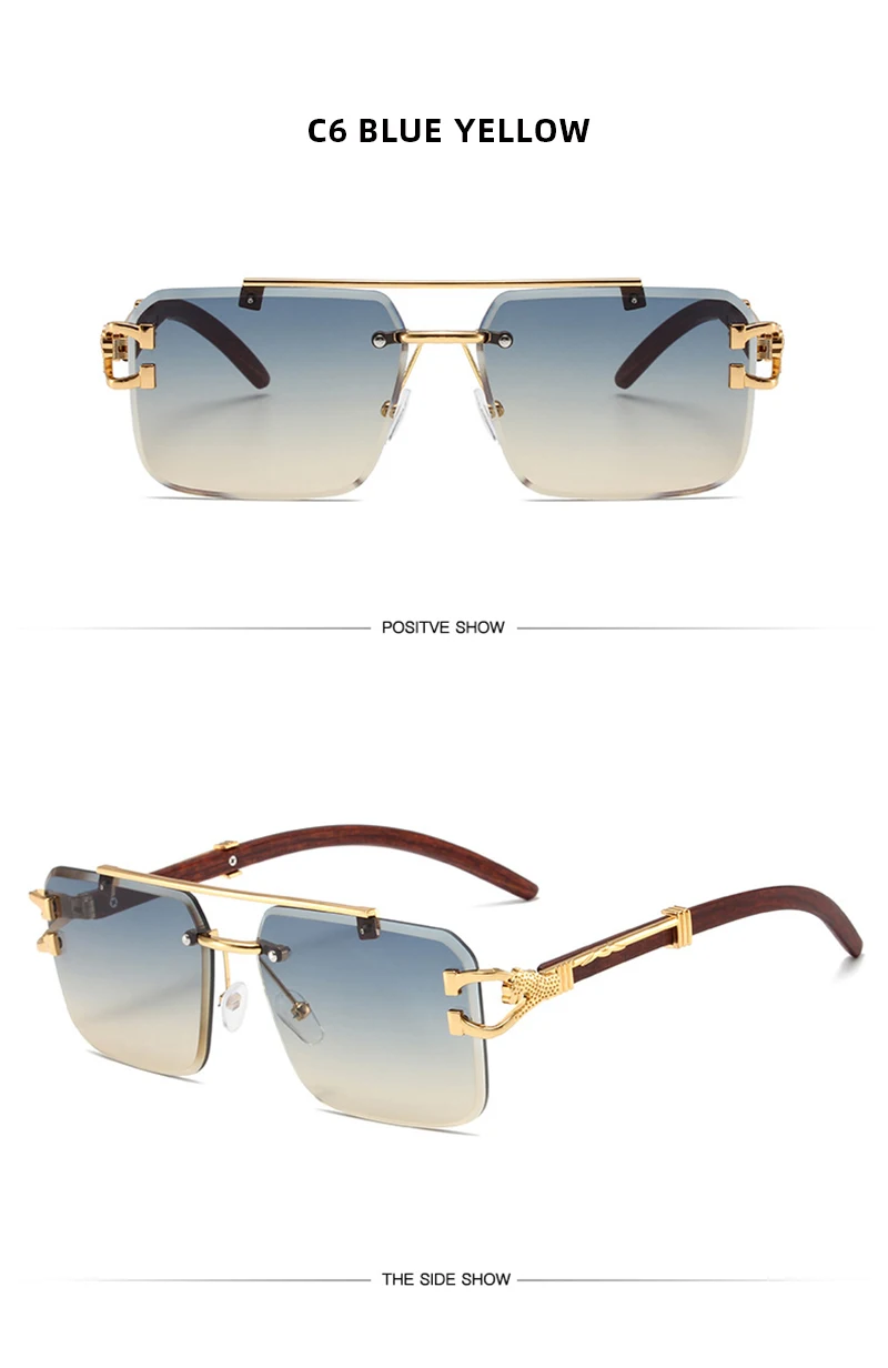 Trend Double Beam Große Sonnenbrille Männer Frauen Randlose Schnittkante Quadratische Sonnenbrille Mode Leopard Holzmaserung Shades – Detail 14