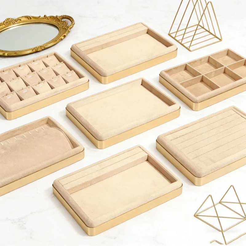 Luxury Metal Frame Jewelry Display Tray, 6-Slot Organizer Box for Earring Ring Necklace Pendant, Storage Case for Store Counter