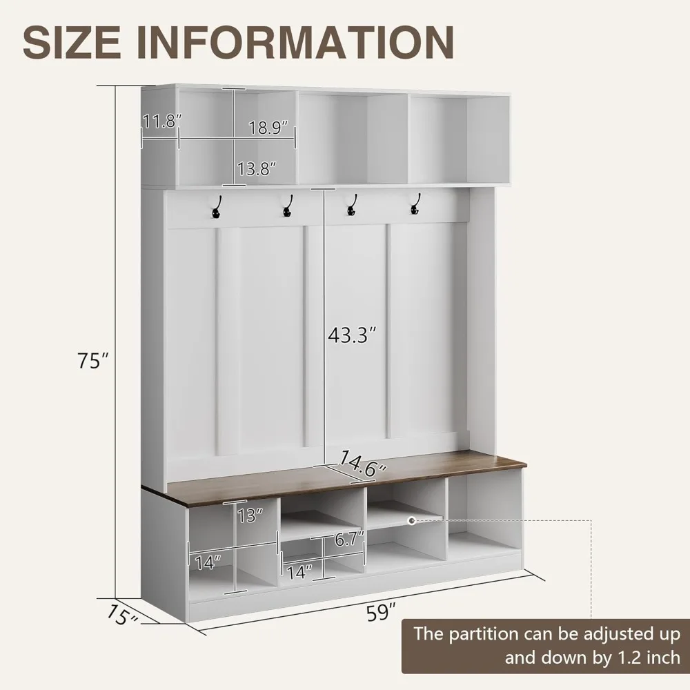 Hall Tree with Bench and Shoe Storage, Entryway Bench with Coat Rack, Adjustable Shoe Cubbies, Open Shelves and Hanging Hooks