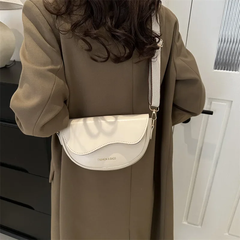 Women Vintage Solid Color Flap Small Saddle Shoulder Underarm Bag Fashion PU Leather Wide Strap Crossbody Bag 01 image 6