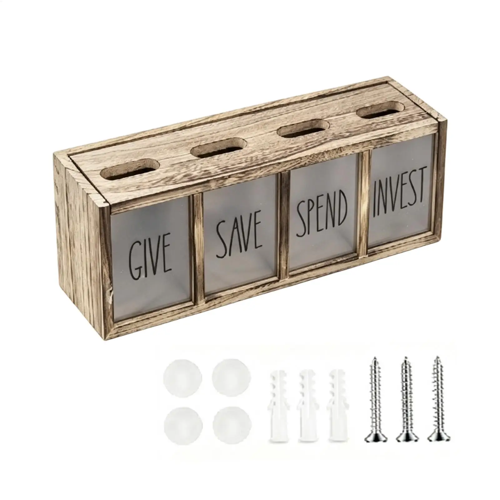 Wooden Money Box Wall Mount Countertop Organizer 4 Compartments Wooden Give Save Spend Box For Children Adults Family Bedroom