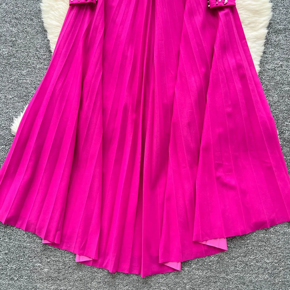 Chic vintage scollo a V strass increspato perline sottile elegante fata moda coreana Boho vestito estivo abbigliamento donna Abito lungo