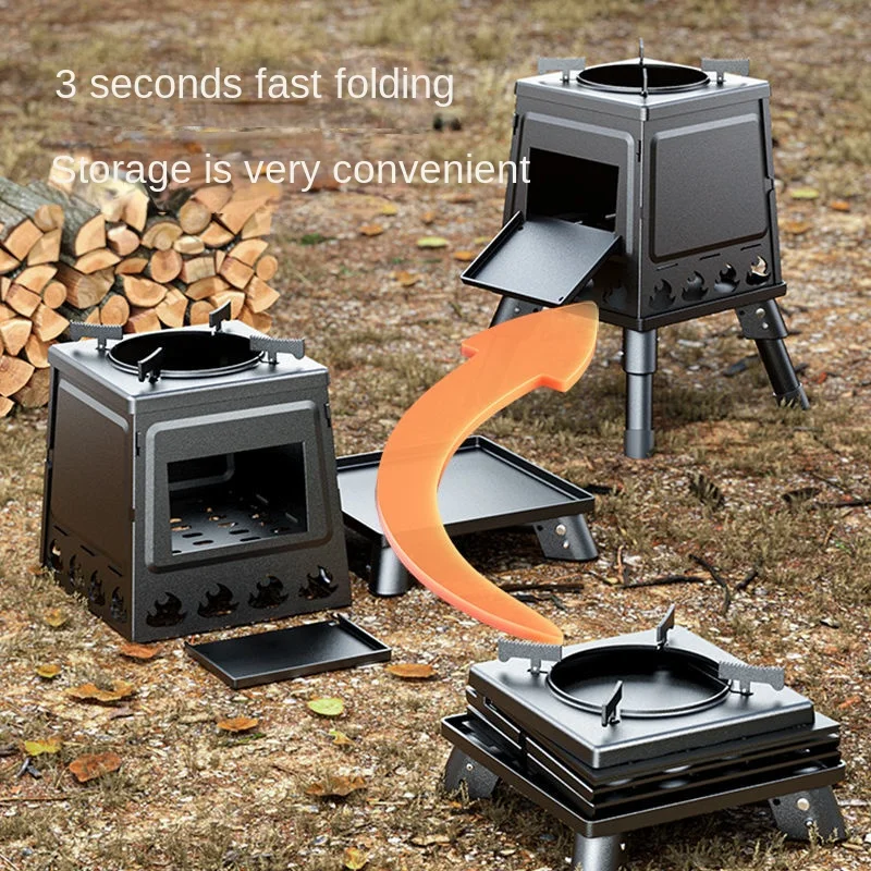 Household Barbecue Wood Stove Picnic Stove Grill Oven Barbecue Camping Windproof Portable Folding Large Stove Home Garden